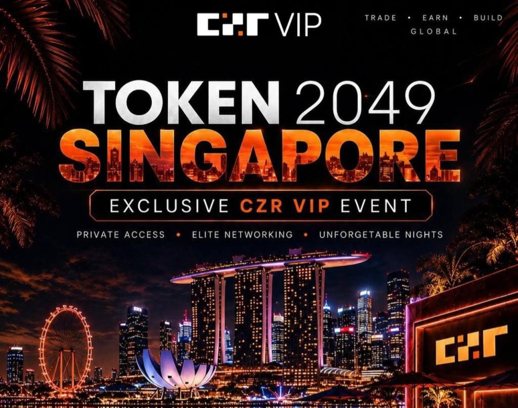 A promotional graphic for the CZR VIP event at TOKEN2049 Singapore, set over a night skyline of Marina Bay Sands, the Singapore Flyer, and the ArtScience Museum lit in orange. The headline reads "Token 2049 Singapore, Exclusive CZR VIP Event," with "Private Access, Elite Networking, Unforgettable Nights" beneath it. The CZR VIP logo and the line "Trade, Earn, Build, Global" sit at the top, and a glowing CZR sign appears at the right.